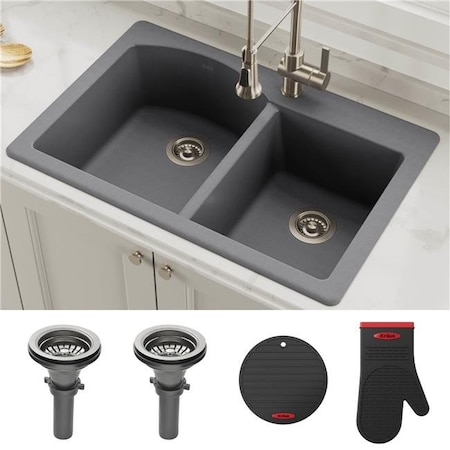 Daniel Kraus Kraus Forteza™ KGD-50GREY 33 in. Dual Mount60/40 Double Bowl Granite Kitchen Sink in Grey KGD-50GREY